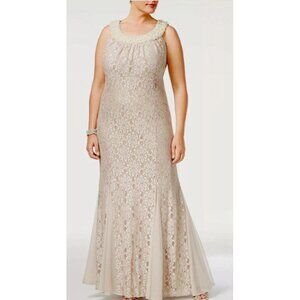 R&M Richards Beaded Lace Evening Gown Size 14 Beige Floral Sleeveless Formal